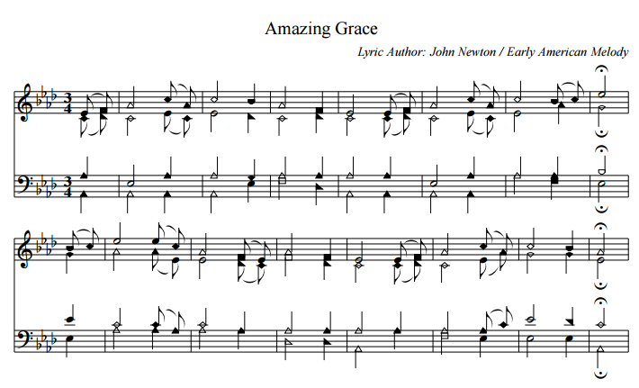 Figure 10 - abc output for Amazing Grace (SATB)